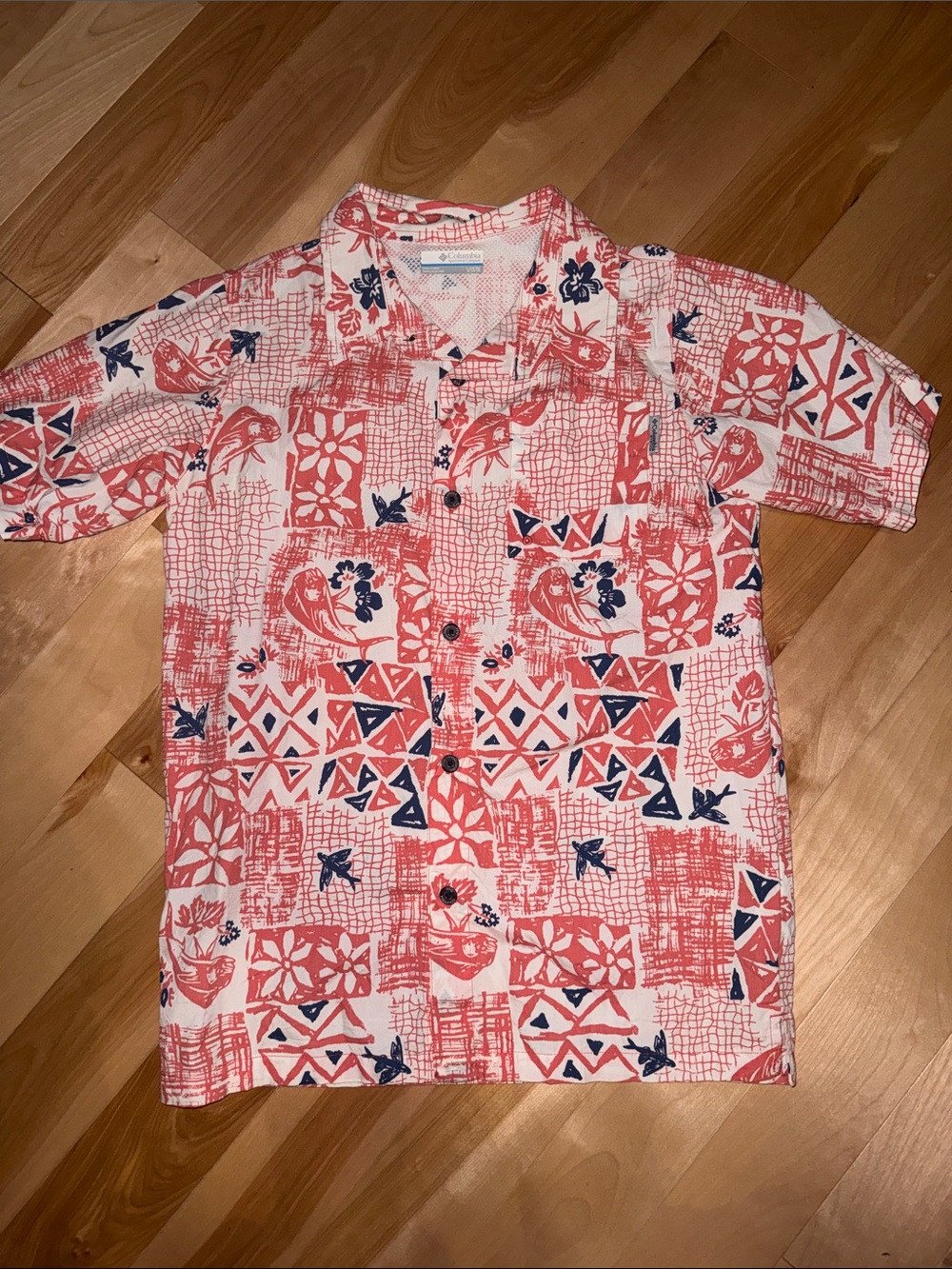 Columbia PFG  Orange & Navy Patterned Short-Sleeve Button-Up Shirt EUC YL